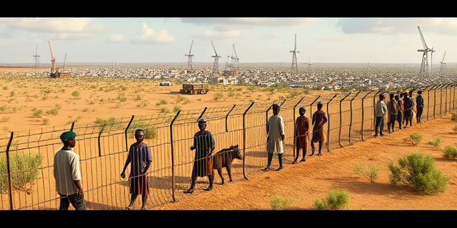 Una imagen de una frontera terrestre con personas intentando cruzar, con un fondo de una ciudad autónoma en África