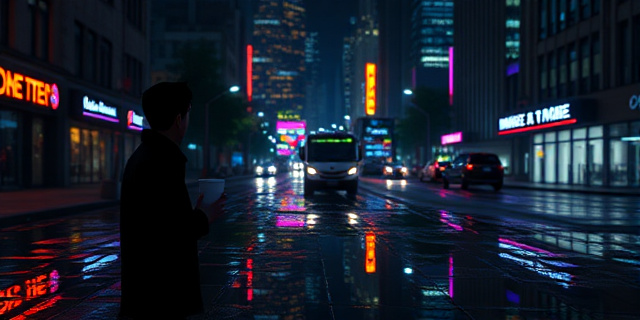 Una escena urbana nocturna, con luces de neón reflejándose en los charcos, donde una figura solitaria sostiene una taza de café, mirando al horizonte, con la ciudad como telón de fondo, sin rostros reconocibles, en estilo realista