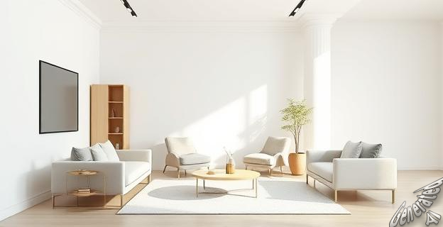 Una imagen de un salón minimalista con un sofá, una mesa baja y una vitrina vacía en un rincón, reflejando la simplicidad y el diseño recomendado por la interiorista Leticia Yagüez.