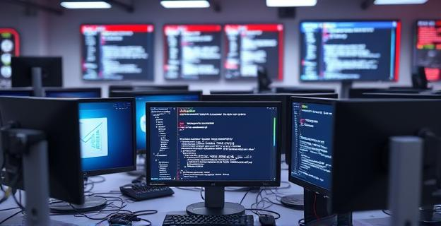 Una sala con ordenadores mostrando correos electrónicos y pantallas con códigos de programación de software, en un entorno de oficina tecnológica con varios monitores y cables de conexión