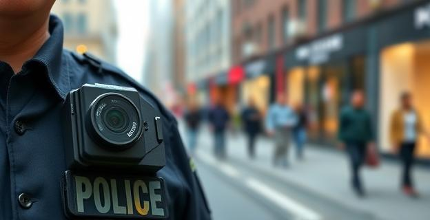 Imagen de una cámara corporal policial en primer plano, con un fondo borroso de una calle urbana con personas caminando. La cámara debe estar montada en un uniforme policial.