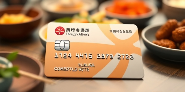 Una imagen de una tarjeta de crédito con el logo del Ministerio de Asuntos Exteriores, sobre un fondo de una mesa con comida