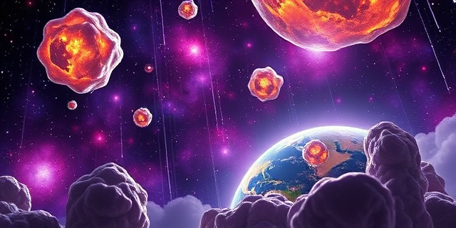 Una representación artística y surrealista de una nube de gas cósmica en el espacio profundo, donde cristales de azúcar gigantes y brillantes flotan como asteroideos entre nebulosas de colores púrpuras y dorados, con una lluvia de partículas brillantes cayendo hacia un planeta Tierra primitivo y volcánico.