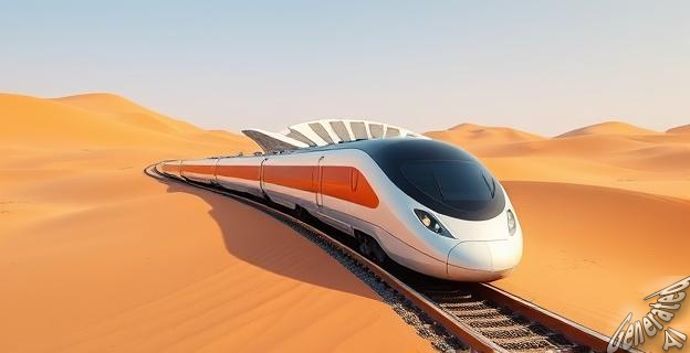 Imagen de un tren de alta velocidad circulando entre dunas de arena con una estación futurista al fondo, representando el proyecto Haramain en Arabia Saudí