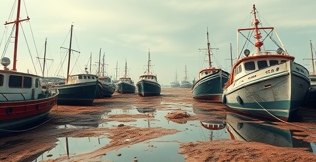 Imagen de un puerto con barcos varados en un fondo marino con sedimentos y lodos, con una atmósfera de abandono y negligencia