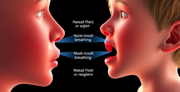 Una imagen conceptual que muestre la diferencia entre respirar por la nariz y por la boca, con efectos negativos en la salud dental y posibles consecuencias en el desarrollo facial de un niño.