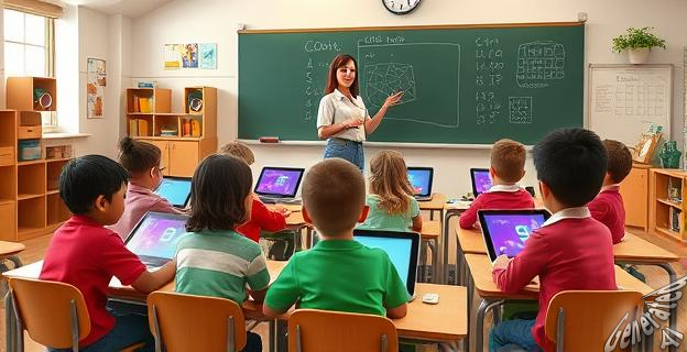 Un grupo de niños en un aula de primaria con tablets y ordenadores sobre sus mesas, con una maestra explicando en la pizarra.