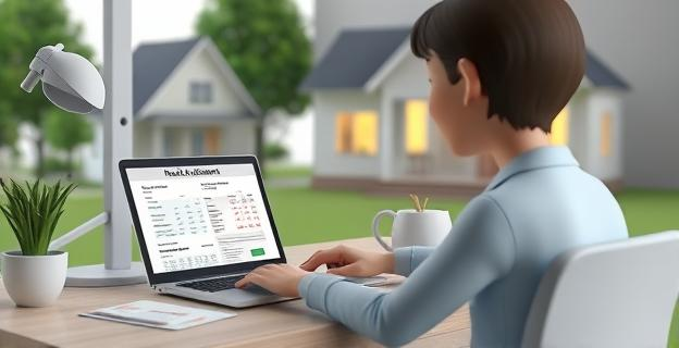 Una persona sentada en una mesa revisando documentos de alquiler y deducciones fiscales en un ordenador portátil, con una casa de fondo