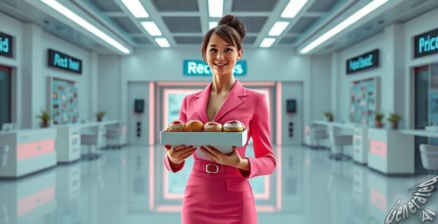 Una mujer vestida de rosa sola en una recepción vacía con una caja de donuts delante, con una expresión de sorpresa y desagrado en su rostro mientras lame uno de los donuts.