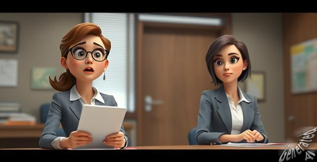 Una mujer en un despacho de gobierno con un gesto de sorpresa y una carpeta en la mano, mientras otra mujer en el lado opuesto de la mesa mira fijamente hacia adelante con una expresión seria.