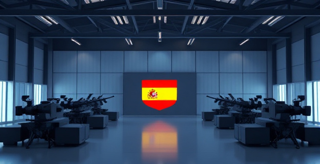 Un holding empresarial con empresas de Defensa al fondo, con una estructura moderna y minimalista, y un gran logotipo de España en el centro.