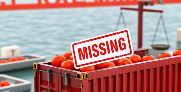 Una imagen que representa un contenedor de envío con tomates en un puerto europeo, con un sello de 