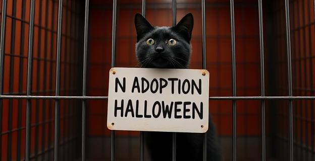 Imagen de un gato negro en una jaula de refugio de animales con una pancarta que dice 