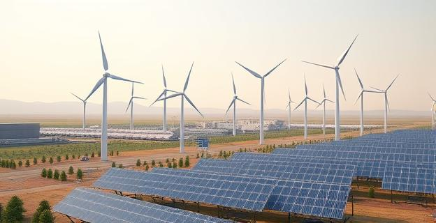 Imagen de una planta de energía renovable con aerogeneradores y paneles solares en un paisaje industrial