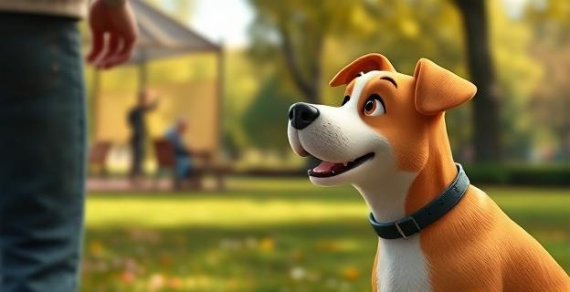 Imagen de un perro inclinando la cabeza hacia un lado mientras escucha atentamente a su dueño que le habla en un parque