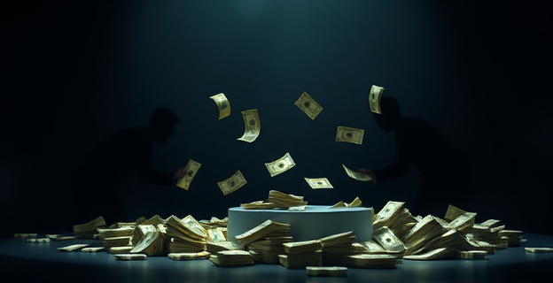 Una imagen que represente la corrupción política y el blanqueo de capitales, con un fondo oscuro y figuras sombrías moviendo dinero en efectivo.