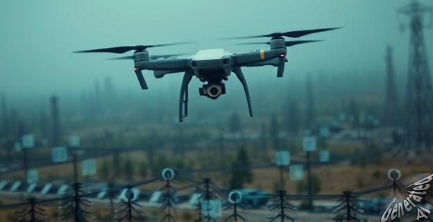 Imagen de drones en el aire sobre un paisaje de guerra, con soldados ucranianos y rusos en el suelo, en un entorno de saturación de señales electrónicas.