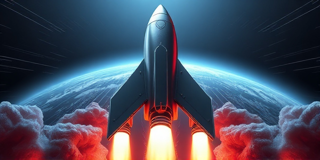 Una imagen abstracta y futurista que representa la potencia y la ambición de un cohete espacial gigante, con líneas dinámicas y colores metálicos que evocan la tecnología de vanguardia. La imagen debe transmitir una sensación de movimiento y ascenso, pero sin representar detalles realistas del cohete ni paisajes terrestres. Utilizar texturas que recuerden al acero pulido y al fuego controlado. La composición debe ser simétrica y equilibrada, con un punto focal central que atraiga la atención del espectador.