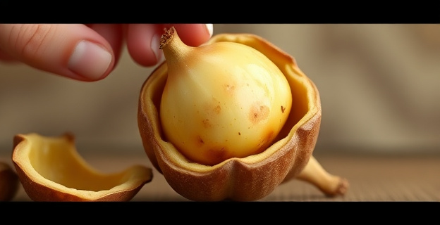 Imagen de una castaña siendo pelada después de estar en remojo y ser horneada, con la cáscara desprendida y la pulpa visible