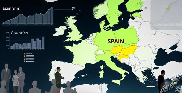Una imagen de un mapa de Europa con España resaltado en verde brillante, rodeado de gráficos de crecimiento económico y personas de diferentes países.