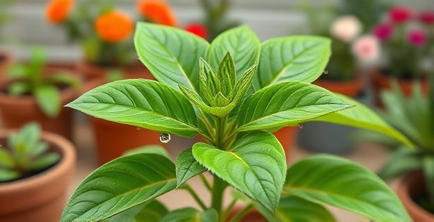Imagen de una planta con hojas verdes y brillantes, con gotas de agua simulando el insecticida casero siendo aplicado, en un entorno de jardín hogareño con macetas y flores