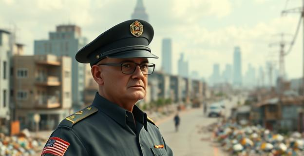 Una imagen de una ciudad con un concejal de seguridad en primer plano y un fondo con asentamientos de inmigrantes y basura, representando la falta de seguridad y la negligencia en el cargo.