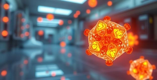 Imagen de nanopartículas luminiscentes con estructura cristalina modificada emitiendo luz naranja en un entorno de laboratorio futurista