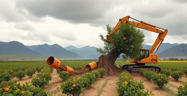 Imagen de un naranjo siendo arrancado por una excavadora en un campo de cultivo en España, con un fondo de montañas y un cielo gris, simbolizando la crisis agrícola.