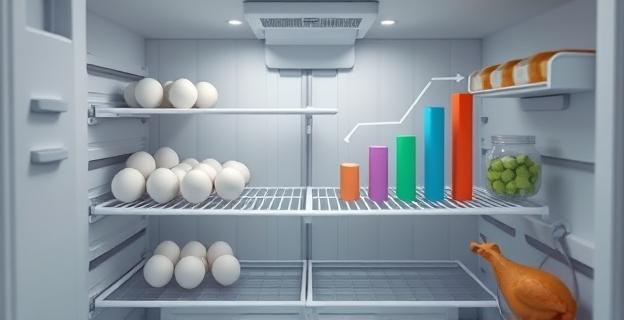 Una imagen de una nevera casi vacía con solo huevos y pollo, y un gráfico de barras en el fondo mostrando la caída del consumo de pescado y carne.