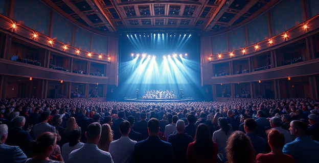 Una sinfonía envolvente que rodea a una multitud en un auditorio majestuoso, con escalofríos representados como ondas de luz que emanan de los oyentes y convergen en el escenario.