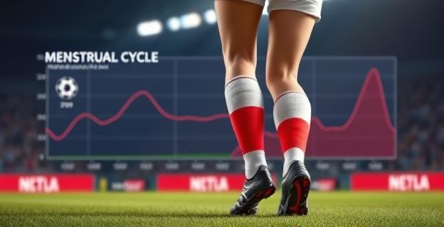 Imagen de una futbolista femenina en el campo con una banda roja en la pierna indicando lesión, con un gráfico de fondo mostrando un ciclo menstrual y estadísticas de lesiones