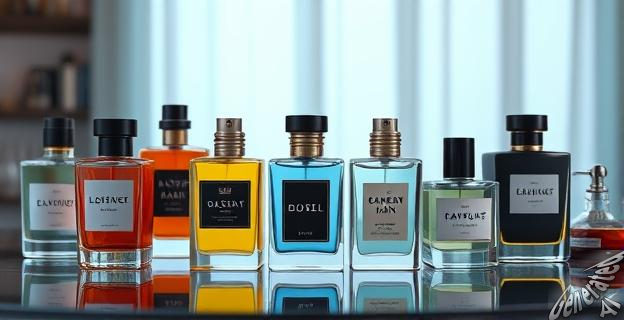Imagen de una variedad de perfumes para hombre sobre una mesa, con diferentes botellas y fragancias.