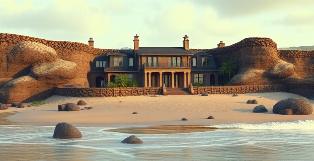 Una casa de lujo rodeada de muros de piedra volcánica y una valla de madera en una playa desierta con aguas bravas y vientos fuertes