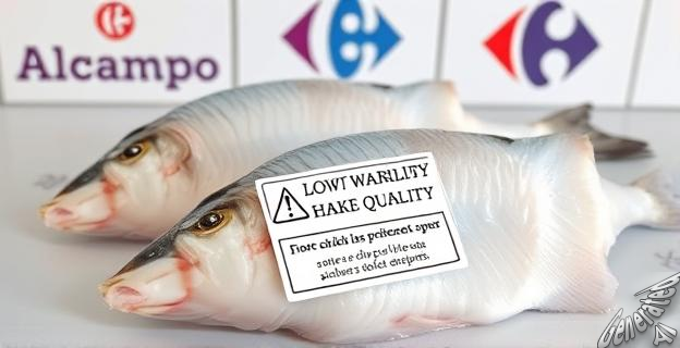 Una imagen de filetes de merluza congelada con una etiqueta de advertencia de baja calidad, junto a logotipos de Alcampo y Carrefour en el fondo.