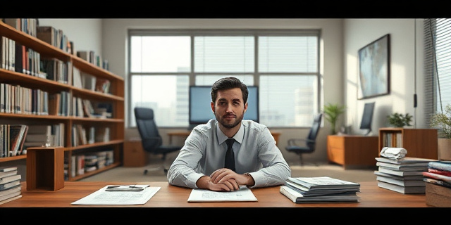 Una persona sentada en un despacho vacío, rodeada de libros y papeles, con una expresión de concentración en el rostro