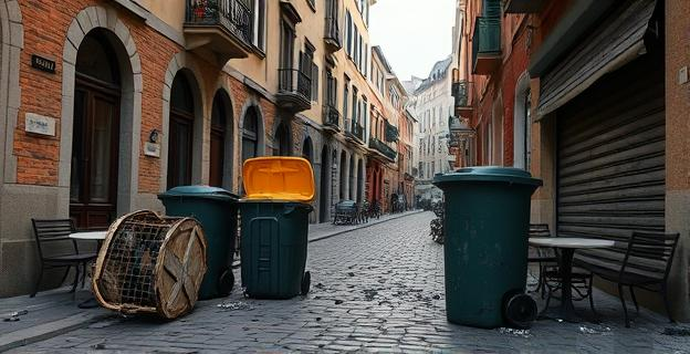 Imagen de contenedores y mobiliario urbano quemado en una calle empedrada de un casco antiguo, con restos de cenizas y humo en el aire, y una persiana metálica de una tienda parcialmente quemada.