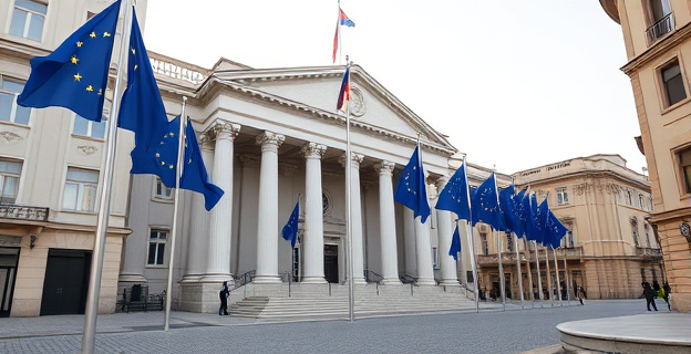 Edificio institucional europeo con fachada imponente y columnas, rodeado de banderas de la UE ondeando a media asta, en un entorno urbano de oficinas y calles empedradas. Un ambiente de seriedad y oficialidad.