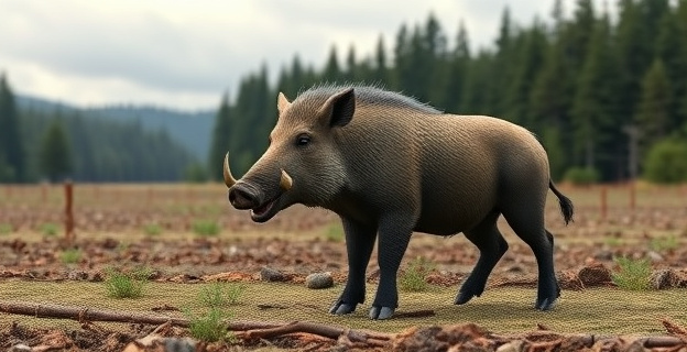 Imagen de un jabalí en un campo de cultivo dañado, con un bosque al fondo y un cielo nublado