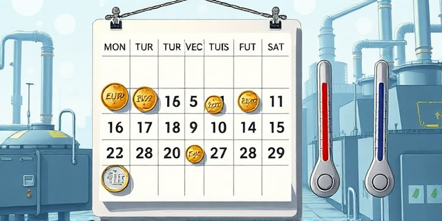 Una ilustración conceptual y satírica. Un calendario de pared donde algunas fechas son monedas de euro brillantes y otras son termómetros médicos. De fondo, una fábrica industrial estilizada con colores fríos. Estilo artístico de caricatura editorial de periódico, trazos definidos, sin personas reales.