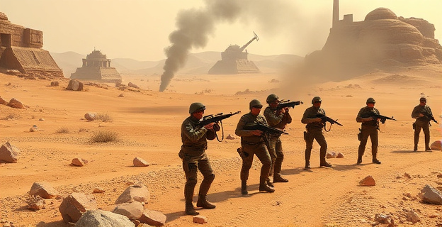 Imagen de soldados en un terreno árido y rocoso, con estructuras defensivas al fondo y humo de fuego simulado en el aire.