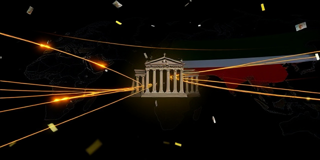 Una composición abstracta que muestra una red de cables dorados y líneas de luz que atraviesan mapas de Venezuela, Irán y Rusia, con una silueta de un edificio de banco suizo en el centro. El fondo es oscuro y se ven destellos de dinero flotando, simbolizando el blanqueo.