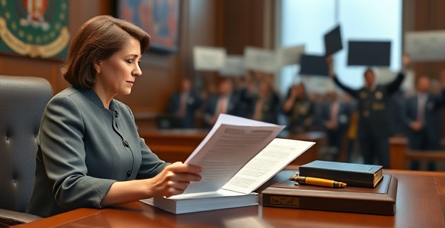 Una juez en su despacho revisando documentos relacionados con una querella contra una alta funcionaria pública, con una manifestación controversial al fondo.