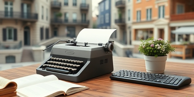 Una escena urbana con una vieja máquina de escribir, libros abiertos y un teclado moderno sobre una mesa de madera, reflejando la mezcla de tradición y modernidad en la discusión sobre fertilidad y economía, sin rostros, sin texto visible, estilo minimalista y tonos neutros