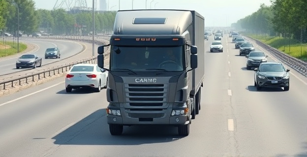 Un camión grande y gris circulando por una autopista con varios coches alrededor, algunos de los cuales están siendo vigilados por agentes dentro del camión sin ser vistos