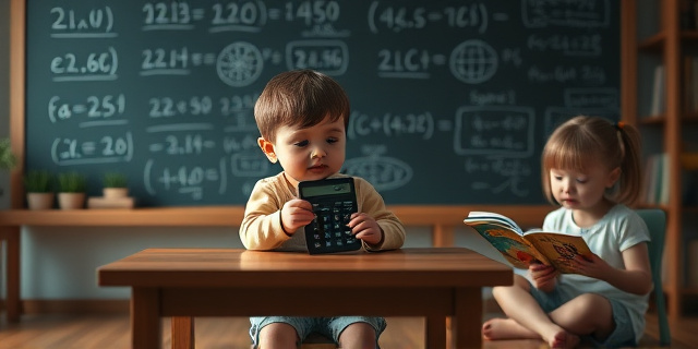 Un niño de tres años con libros de cálculo y una calculadora de mano, sentado en una mesa de madera en un salón iluminado por luz tenue, con ecuaciones dibujadas en la pizarra, mientras una niña de cinco años lee un libro de cuentos en el suelo.