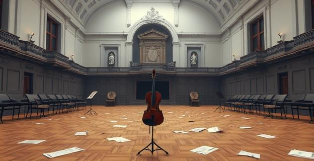 Una sala de un conservatorio de música con un atril y una viola, con un ambiente tenso y papeles esparcidos en el suelo, reflejando la polémica y el conflicto interno en una institución musical