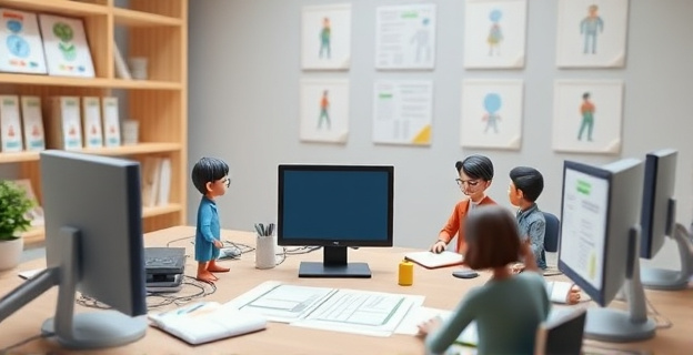 Oficina de Hacienda con documentos y computadoras mostrando cifras de recaudación