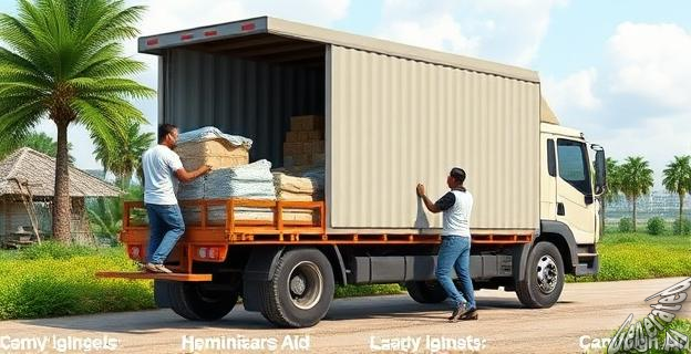 Imagen de un camión con ayuda humanitaria en un área afectada por una catástrofe natural, con personas voluntarias cargando y descargando suministros.