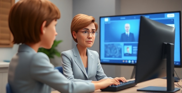 Una mujer política sentada frente a un ordenador, con expresión de frustración y nerviosismo, mientras espera en vano a que alguien le haga preguntas en un directo.