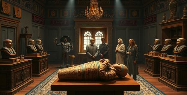 Una escena de una habitación victoriana con objetos egipcios antiguos, momias en sarcófagos y personas reunidas alrededor de una mesa donde se está desenrollando una momia, con un ambiente de misterio y fascinación.